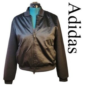 adidas Black Bomber Women Jacket Teddy Sleeves Satin Contrast Casual Fall Winter